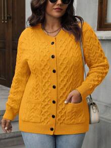 大码女式休闲纯色纽扣长袖开衫 - 黃色 - 查看 5