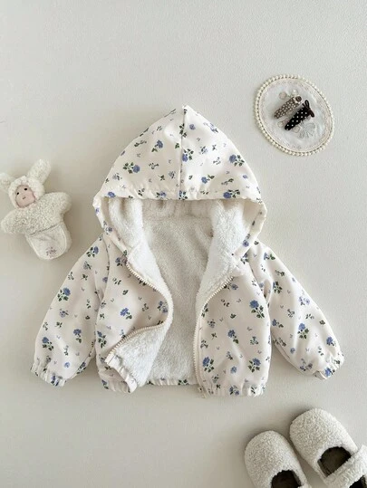 SHEIN 女婴连帽毛绒花卉外套，保暖加厚内衬飞行员夹克，韩版休闲百搭印花拉链外套，适合秋冬季日常穿着