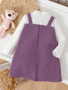 SHEIN Baby Girls Cute Bear Purple Corduroy 2 In 1 Long Sleeve Dress, Sweet Princess High Neck Dress For Autumn/Winter Fall - Purple - View 2