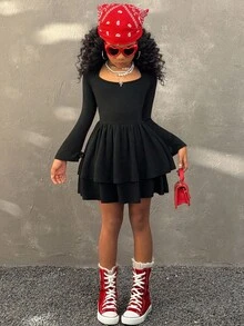 Coolane Kids Tween Mädchen Teenager Herbst Winter, Streetwear, süße Party, schwarzes bequemes Trompetenärmel einfarbiges mehrschichtiges Kuchen Langarm Kleid, Halloween Weihnachtsparty Kleid, Neujahr