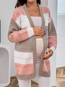 SHEIN Maternity Striped Contrast Color Loose Mesh Casual Cardigan - Multicolor - View 4