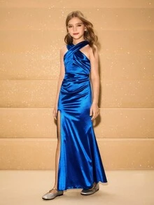 青少年女孩优雅简约时尚交叉领无袖露肩高腰长开叉连衣裙，高端缎面面料，合身设计，适合毕业典礼、舞会、婚礼嘉宾、生日、圣诞节、万圣节 - 藍色 - 查看 5