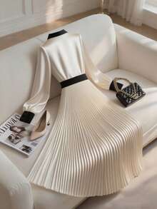 Franclia Women's Fashionable Elegant Color Block Waist Cinched Long Dress