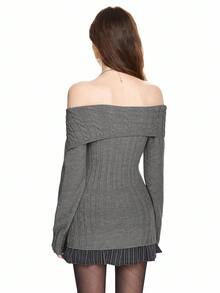 ROMWE Y2K 风格露肩罗纹针织收腰毛衣 - 深灰色 - 查看 6