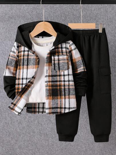 2 件套年轻男孩休闲格子拼布连帽夹克和运动裤套装，适合秋冬季