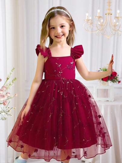 SHEIN Glamorique Kids Vestido de princesa de línea A con tirantes finos, volantes, mangas cortas y bordado de malla, elegante para niñas, adecuado para fiestas, regalos de cumpleaños, vacaciones, verano