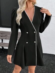 SHEIN Đầm dài tay dáng ôm bó eo tay đèn lồng thanh lịch dành cho nữ, mùa thu - màu đen - Xem 5