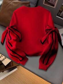 GlowEve 女式休闲圆领长袖蝴蝶结运动衫，秋冬 - 紅色 - 查看 2