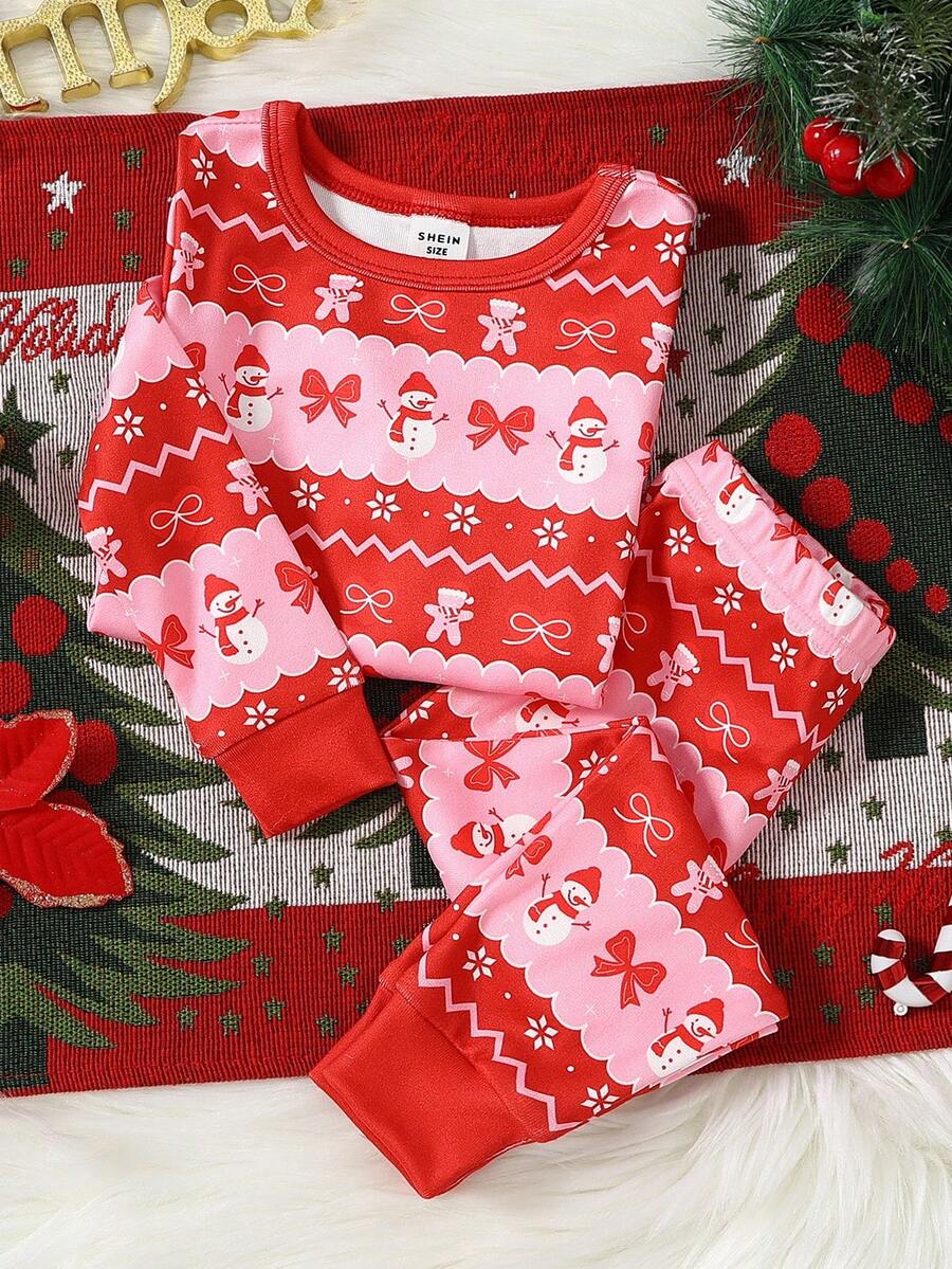 2pcs Toddler Girls' Cute Heart & Snowman Christmas Print Red Crew Neck Long Sleeve Top And Pants Knit Stretchy Comfortable Fitted Pajama Set - Red - View 1