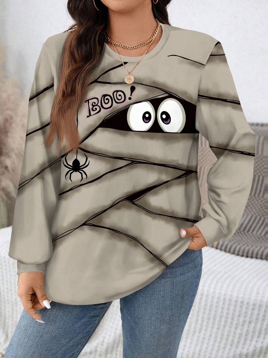 EMERY ROSE Plus Fall Casual Cartoon & Letter Graphic Sweatshirt Halloween - Multicolor - View 1