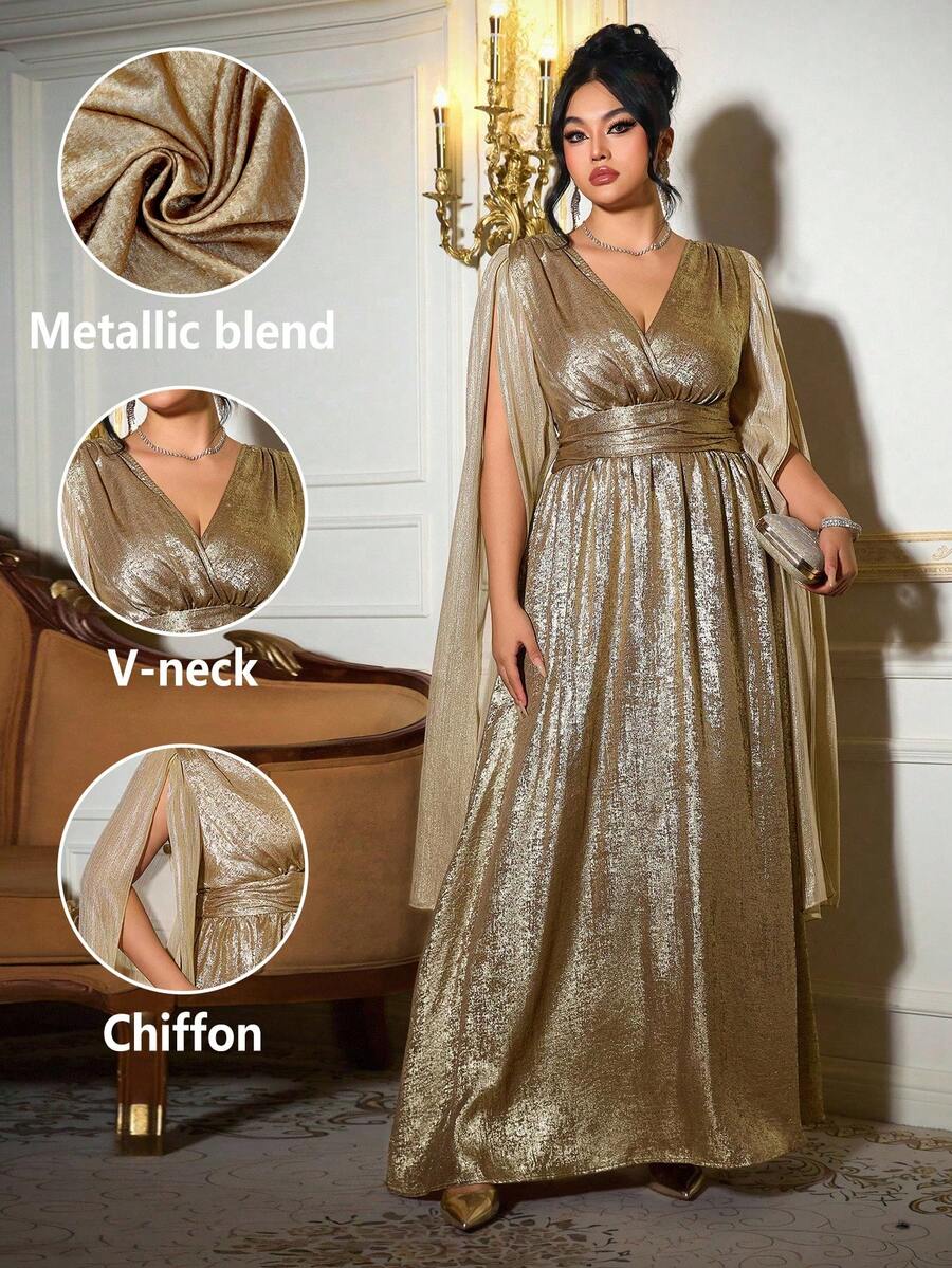 Roveilla Plus Size Elegant Party Metallic V-Neck Ruched Dress, Suitable For Spring And Autumn Mother Of The Bride Dress Plus Size Plus Size Evening Gown Bronze Dress Champagne Formal Dress Gold Plus Size Formal Dress
