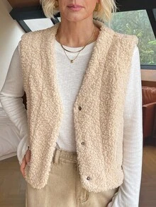 Vivie Lora Áo khoác vest cổ chữ V giả lông cừu có thể đảo ngược dành cho nữ, áo khoác thu/đông dành cho nữ - Màu be - Xem 7