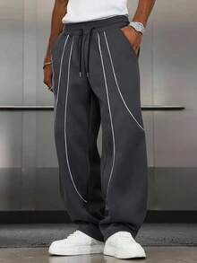 Manfinity EMRG Men's Drawstring Waist Pockets Wide Leg Loose Casual Sweatpants , Mens Wide Leg Pants , Men Grey Sweatpants , Loose Pants Mens Wide Leg Side Stripe Pants