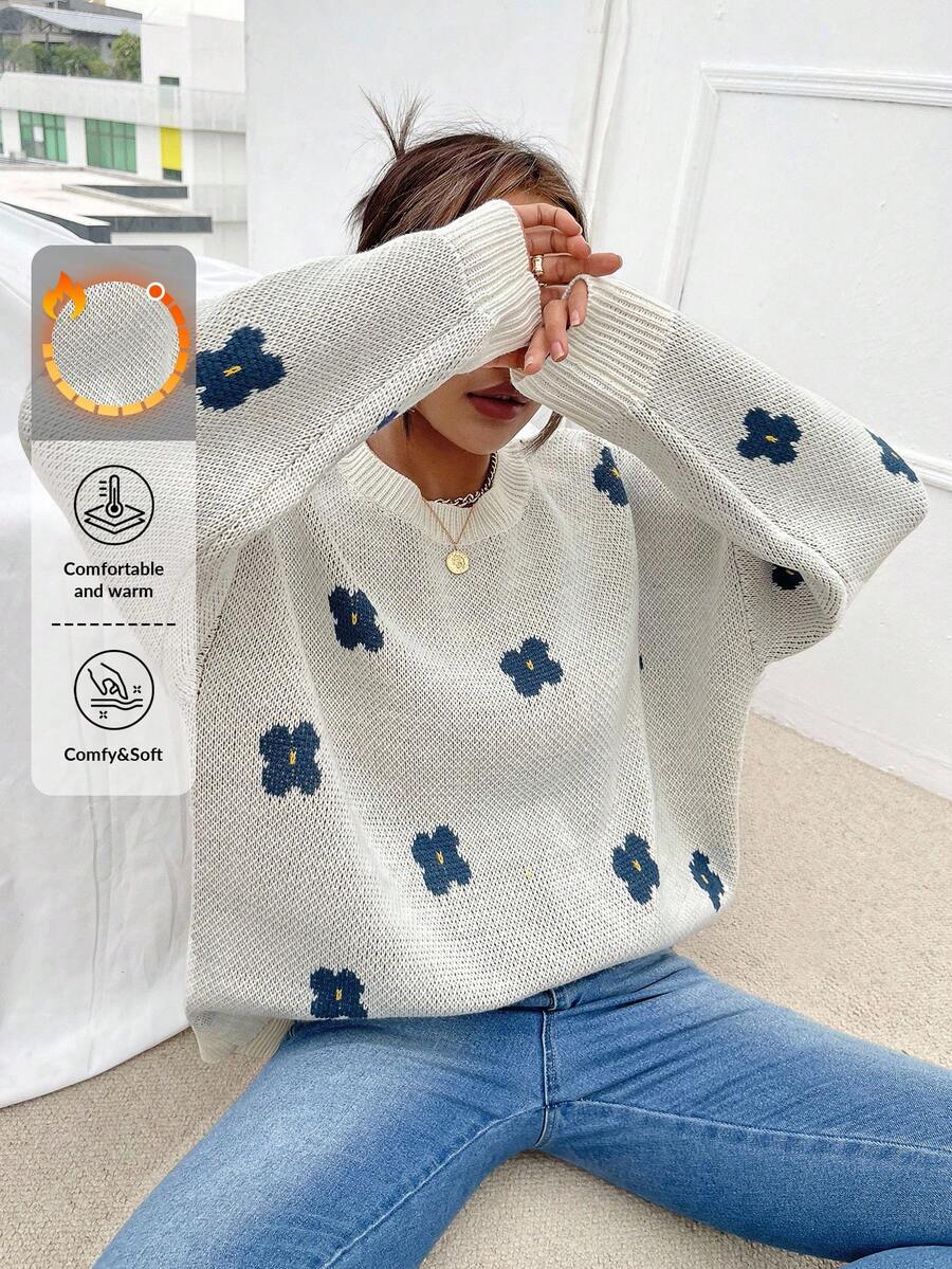 Cloudara Floral Pattern Drop Shoulder Jumper - White - View 1