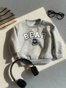 SHEIN Áo nỉ chui đầu giữ ấm cho bé trai, in chữ và hình gấu, thích hợp mặc hàng ngày, hoạt động ngoài trời và thể thao vào mùa thu/đông. - Xám - Xem 3