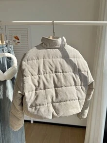 Sparklyn Teen Girl Casual All-Match Versatile Daily School Autumn/Winter Stand Collar Drop Shoulder Corduroy Quilted Short Padded Coat Fall