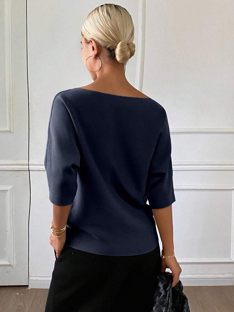 Women's Solid Color Fitted Boat Neck Half Sleeve Casual Elegant Knit Top, Autumn/Winter