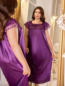 LuxeNights Plus Contrast Lace Tie Front Sleep Nightdress, Long Dress, Moo Moo