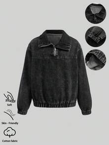 Tween Girl Washed Black Hooded Pocket Drawstring Cuff Casual Comfortable Vacation Fashion Street Soft Daily Wear Denim Sweatshirt Jacket, Thin, Spring/Autumn Fall Winter - Black - View 3