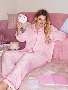 SHEIN Conjunto de pijama de talla grande con lazo dulce y estampado de rayas en la parte superior y pantalones, ropa de otoño e invierno - Rosa - Ver 4