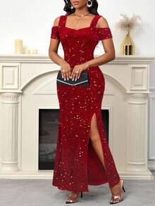 SHEIN Lady 红色礼服天鹅绒亮片面料，圣诞派对礼服新年礼服优雅派对礼服长款派对礼服奢华婚礼晚礼服亮片礼服 - 酒紅色 - 查看 4