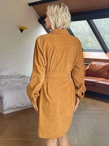 Vivie Lora Women's Corduroy Shirt Dress With Belt, Mid-Length School - Orange - View 3