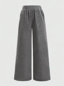 SHEIN Girlism 少女灰色毛绒针织罗纹长袖T恤和阔腿裤套装 - 灰色 - 查看 4