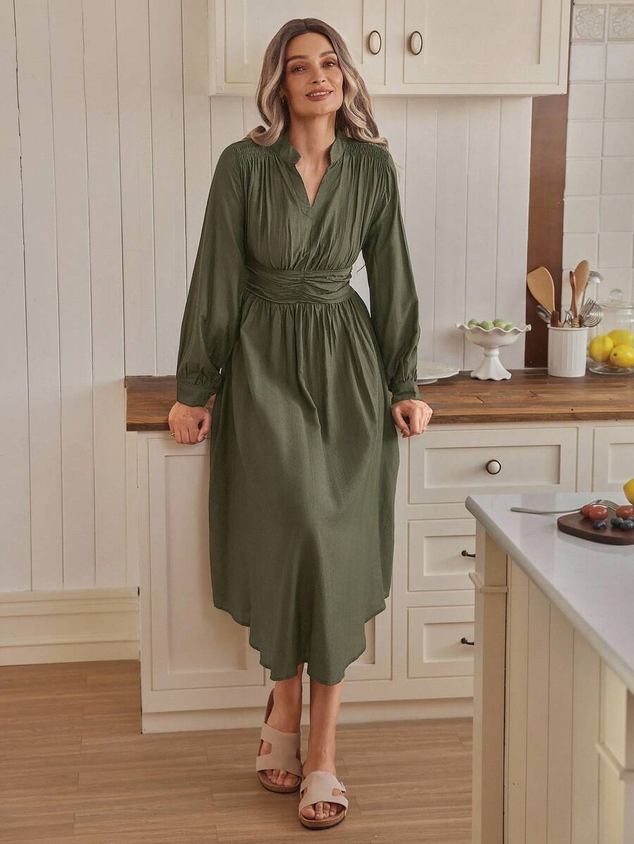 Louniche Women's Elegant Formal Office Commute Casual Holiday Party Vintage Teacher Autumn Middle Eastern Style Solid Mandarin Collar Waistband Elastic Waist A-Line Asymmetric Hem Long Sleeve Maxi Dress - Army Green - View 1