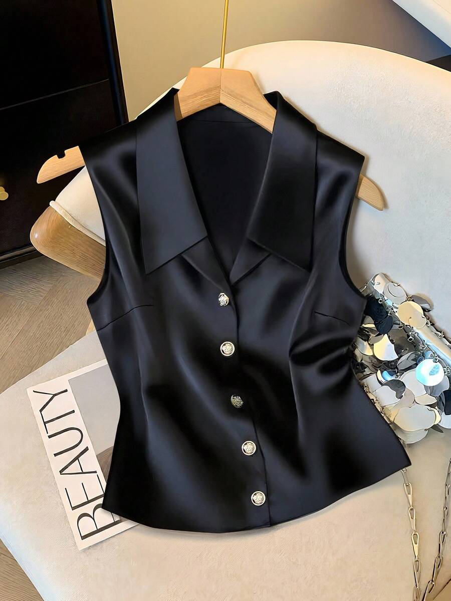 GlowEve Women's Autumn/Winter French Style V-Neck Sleeveless Satin Top, Elegant - Black - View 1