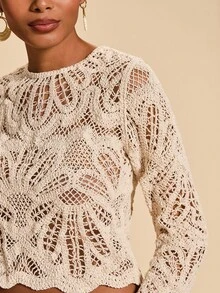 Travachic 女士时尚度假性感镂空套头衫，国庆节，新年服装，奢华优雅毕业，女士钩针上衣，女士长袖秋冬服装 - 杏色 - 查看 8