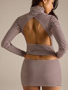 SHEIN BAE White And Brown Striped Turtleneck Backless Long Sleeve Top And Mini Skirt Set,Autumn Seksi Chic Night Out Stylish Suit For Old Money Style - Multicolor - View 7