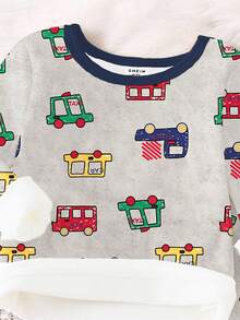 2 件套男婴卡通汽车印花针织加厚保暖衬里长袖上衣和裤子睡衣套装，秋冬 - 彩色 - 查看 4