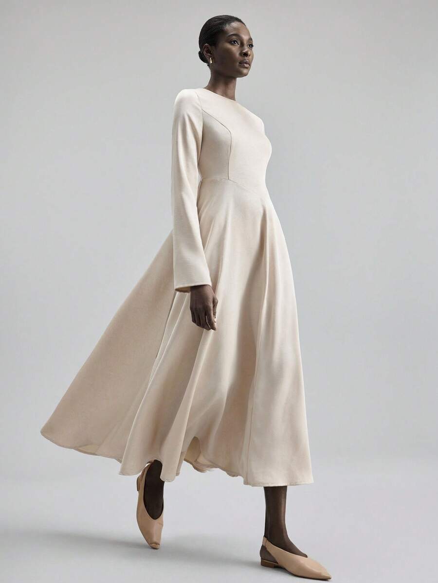 Ontre 2025新款冬季连衣裙,秋冬服装,派对,新年,女士超长连衣裙,纯色杏色,修身剪裁,A字版型,长袖,收腰设计,圆领,缝线细节,抽绳设计,适合万圣节、圣诞节、婚礼宾客、下午茶聚会等场合,休闲百搭,简约优雅,都市时尚,女士外套,节日装扮,女士超长连衣裙,百搭女装 - 白色 - 查看 1