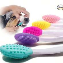 5pcs Dog Toothbrush Kit: Double-Sided Soft Silicone For Gentle Cleaning & Long Curved Handle For Easy Reach!