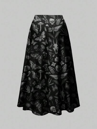 Goth Plus Size Dark Forest Halloween Skeleton, Moth, Bat Print Loose Fit Skirt
