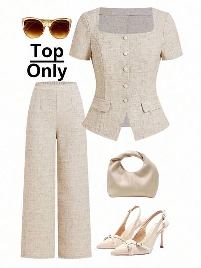 Ellevyn 女士方领简约纯色短袖上衣，优雅