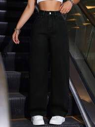 SHEIN ICON Büyük Beden Kadın Yüksek Bel Cepli Geniş Paça Bol Günlük Kot Pantolon