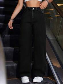 SHEIN ICON 大码女式高腰口袋阔腿宽松休闲牛仔裤 - 黑色 - 查看 1