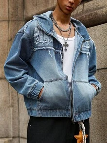 Manfinity EMRG Men's Blue Denim Jacket With Raw Edge Patches, Hood, Zipper And Elastic, Emo Style - Blue - View 4