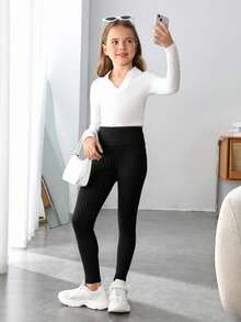 SHEIN 3pcs Tween Girls' Basic Solid Knit High Waist Ribbed Leggings, Black & Grey, Autumn/Winter Fall - Multicolor - View 4