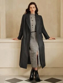 Anewsta Essential 女士优雅炭灰色中长款系带羊毛混纺大衣，适合秋季、冬季、外出、正式场合、派对、时尚、新年、圣诞节、工作、毕业典礼、婚礼等场合穿着。 - 深灰色 - 查看 6