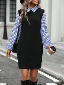 EMERY ROSE 女式千鸟格拼接长袖休闲连衣裙 - 灰色 - 查看 5