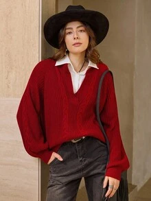 Wildy Casual American Country Street Fashion Christmas & New Year Red Polo Collar Cable Knit Sweater Autumn Winter Clothes For Women - Red - View 1