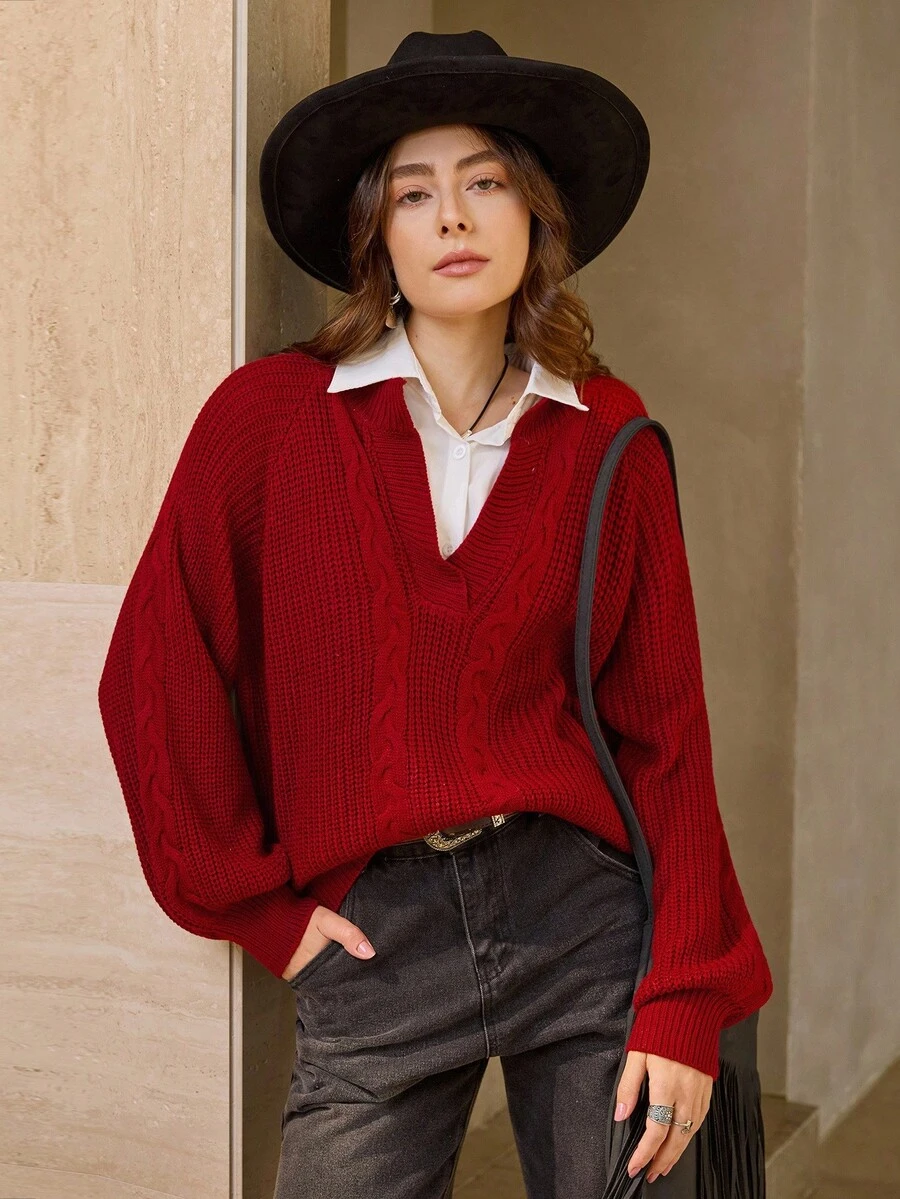 Wildy Casual American Country Street Fashion Christmas & New Year Red Polo Collar Cable Knit Sweater Autumn Winter Clothes For Women - Red - View 1