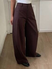 Livesso 女士宽松休闲商务直筒裤，简约时尚，适合办公室穿着，棕色，秋冬 - 棕色 - 查看 5