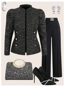 Ellevyn Giacca da donna con texture in tweed e decorazione in metallo, elegante per uso quotidiano, casual, business e pendolarismo, abbigliamento autunnale per donna in taglie comode