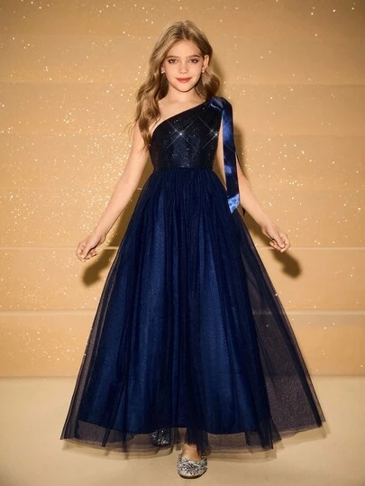 适合毕业典礼、婚礼、舞会、万圣节、圣诞节的优雅花童礼服 - 蓝色亮片网眼单肩蝴蝶结露背中长连衣裙，适合少女，返校时尚薄纱公主裙