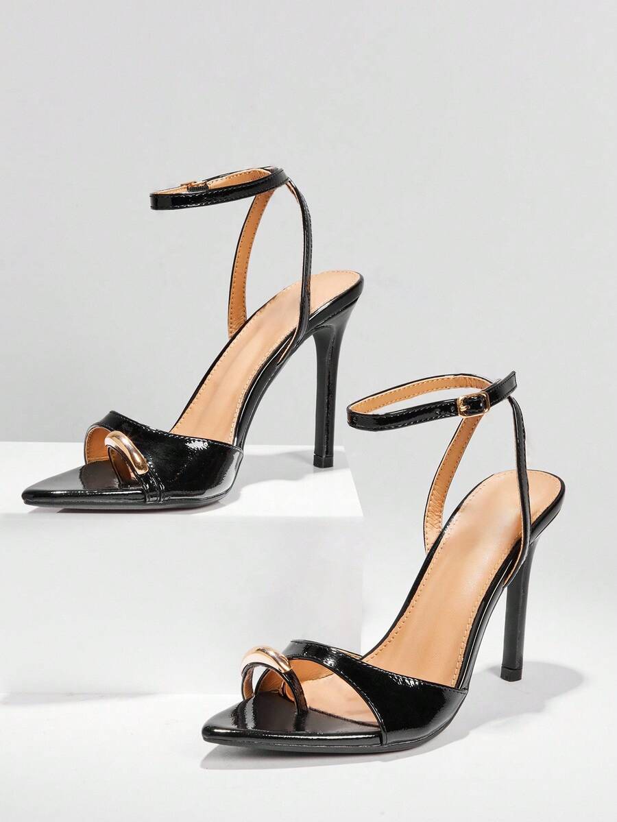 SHUZIA Giày sandal nữ mũi nhọn gót nhọn 4 inch màu đen có chi tiết khoen tròn - Thiết kế quai mảnh thanh lịch với quai đeo mắt cá chân có thể điều chỉnh cho buổi hẹn hò buổi tối quyến rũ - màu đen - Xem 1
