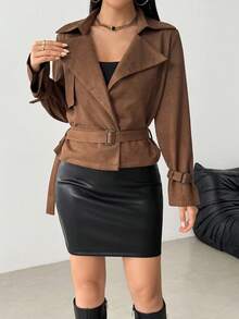 Aidyla Elegancka, modna krótka kurtka damska z długim rękawem i klapami ze sztucznego zamszu z paskiem