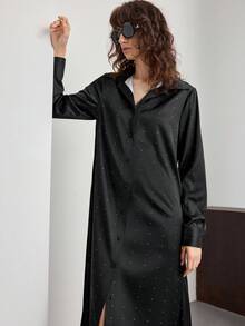 Ontre 2025秋冬装，适合5-15°C穿着，优雅的黑色波点面料，宽松设计，女士长裙，商务休闲，通勤，日常穿着，新年和圣诞节女士服装 - 黑色 - 查看 5